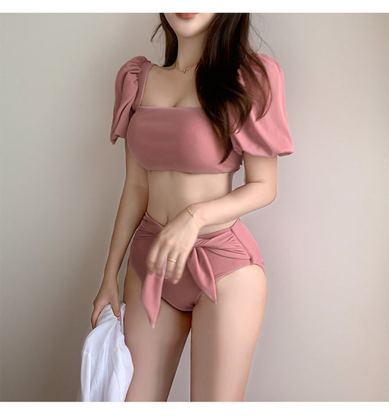 Women Cute Lovely Puff Sleeve Square Neck Slip Bowknot High Waist Plain Shirred Bikini Swimsuit