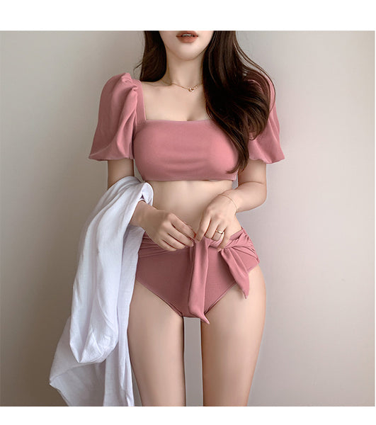 Women Cute Lovely Puff Sleeve Square Neck Slip Bowknot High Waist Plain Shirred Bikini Swimsuit