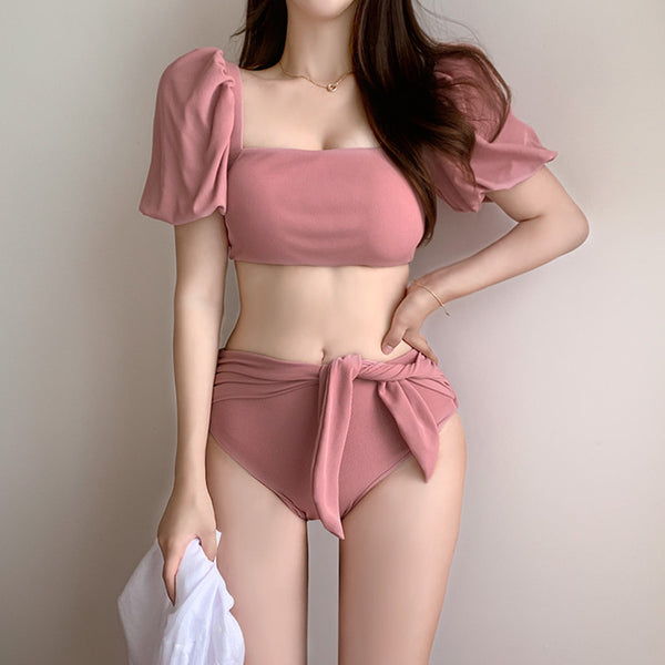 Women Cute Lovely Puff Sleeve Square Neck Slip Bowknot High Waist Plain Shirred Bikini Swimsuit