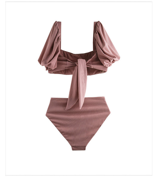 Women Cute Lovely Puff Sleeve Square Neck Slip Bowknot High Waist Plain Shirred Bikini Swimsuit