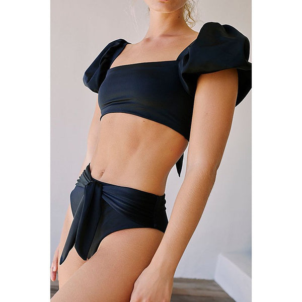 Women Cute Lovely Puff Sleeve Square Neck Slip Bowknot High Waist Plain Shirred Bikini Swimsuit
