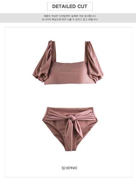 Women Cute Lovely Puff Sleeve Square Neck Slip Bowknot High Waist Plain Shirred Bikini Swimsuit