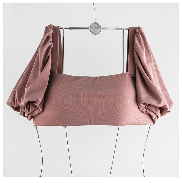Women Cute Lovely Puff Sleeve Square Neck Slip Bowknot High Waist Plain Shirred Bikini Swimsuit