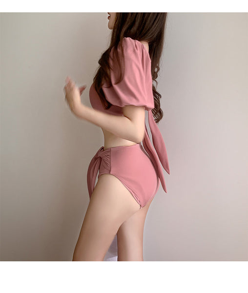 Women Cute Lovely Puff Sleeve Square Neck Slip Bowknot High Waist Plain Shirred Bikini Swimsuit