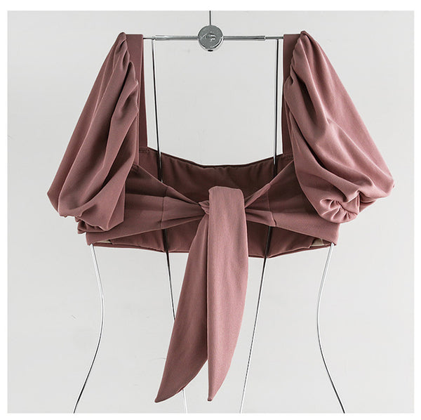 Women Cute Lovely Puff Sleeve Square Neck Slip Bowknot High Waist Plain Shirred Bikini Swimsuit