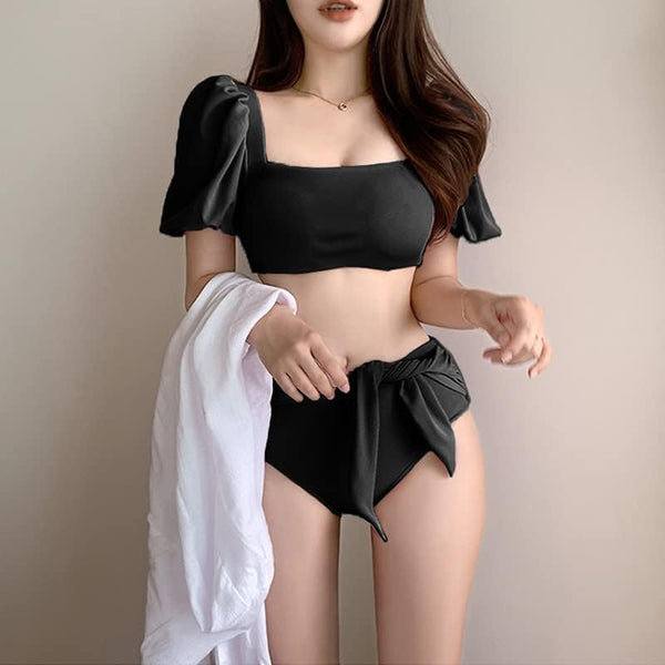 Women Cute Lovely Puff Sleeve Square Neck Slip Bowknot High Waist Plain Shirred Bikini Swimsuit