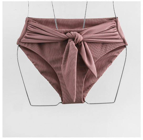 Women Cute Lovely Puff Sleeve Square Neck Slip Bowknot High Waist Plain Shirred Bikini Swimsuit