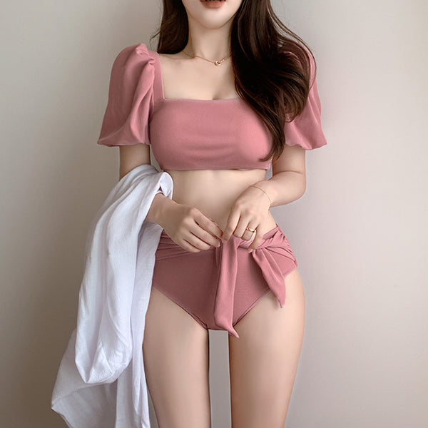 Women Cute Lovely Puff Sleeve Square Neck Slip Bowknot High Waist Plain Shirred Bikini Swimsuit