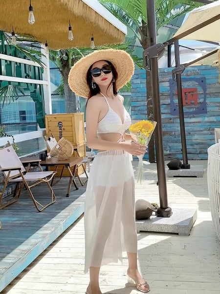 3 in 1 Piece Fairy Lusty White Gauze Pattern Neck Halter Deep V Backless Plain Cutout Tankini Top Bikini Bottom Swimsuit