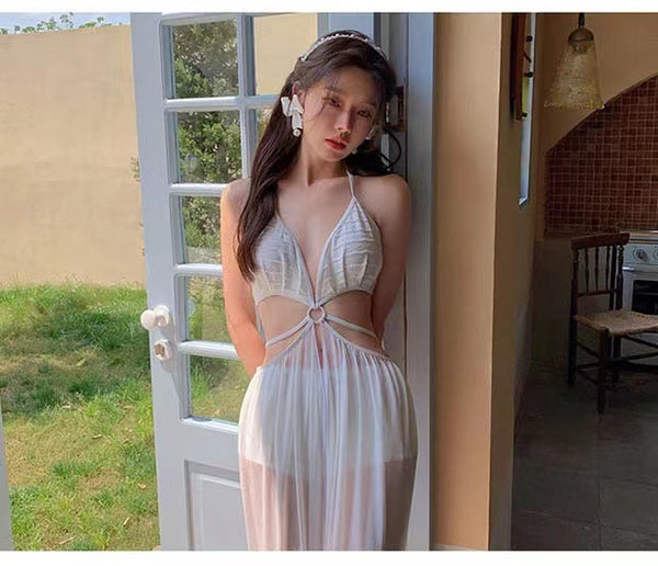 3 in 1 Piece Fairy Lusty White Gauze Pattern Neck Halter Deep V Backless Plain Cutout Tankini Top Bikini Bottom Swimsuit