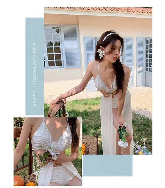 3 in 1 Piece Fairy Lusty White Gauze Pattern Neck Halter Deep V Backless Plain Cutout Tankini Top Bikini Bottom Swimsuit