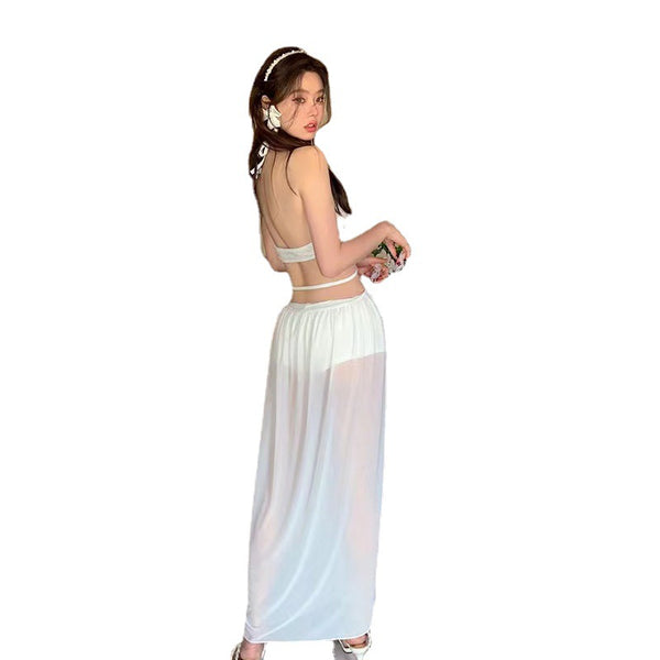 3 in 1 Piece Fairy Lusty White Gauze Pattern Neck Halter Deep V Backless Plain Cutout Tankini Top Bikini Bottom Swimsuit