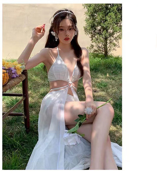 3 in 1 Piece Fairy Lusty White Gauze Pattern Neck Halter Deep V Backless Plain Cutout Tankini Top Bikini Bottom Swimsuit