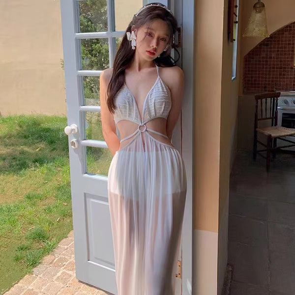 3 in 1 Piece Fairy Lusty White Gauze Pattern Neck Halter Deep V Backless Plain Cutout Tankini Top Bikini Bottom Swimsuit