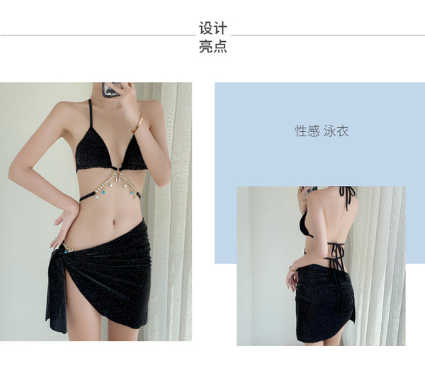 3 in 1 Sexy Trendy Mermaid Diamond Like Chain Foreign Style Neck Halter Strap Cover Up Bottom Side Tie Triangle Bikini