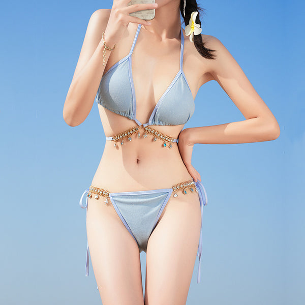 3 in 1 Sexy Trendy Mermaid Diamond Like Chain Foreign Style Neck Halter Strap Cover Up Bottom Side Tie Triangle Bikini