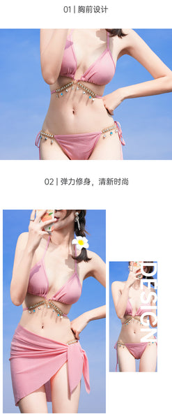 3 in 1 Sexy Trendy Mermaid Diamond Like Chain Foreign Style Neck Halter Strap Cover Up Bottom Side Tie Triangle Bikini