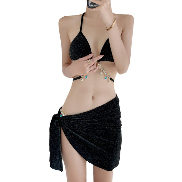 3 in 1 Sexy Trendy Mermaid Diamond Like Chain Foreign Style Neck Halter Strap Cover Up Bottom Side Tie Triangle Bikini