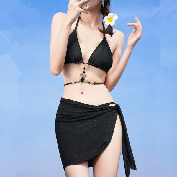 3 in 1 Sexy Trendy Mermaid Diamond Like Chain Foreign Style Neck Halter Strap Cover Up Bottom Side Tie Triangle Bikini