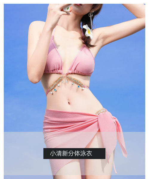 3 in 1 Sexy Trendy Mermaid Diamond Like Chain Foreign Style Neck Halter Strap Cover Up Bottom Side Tie Triangle Bikini