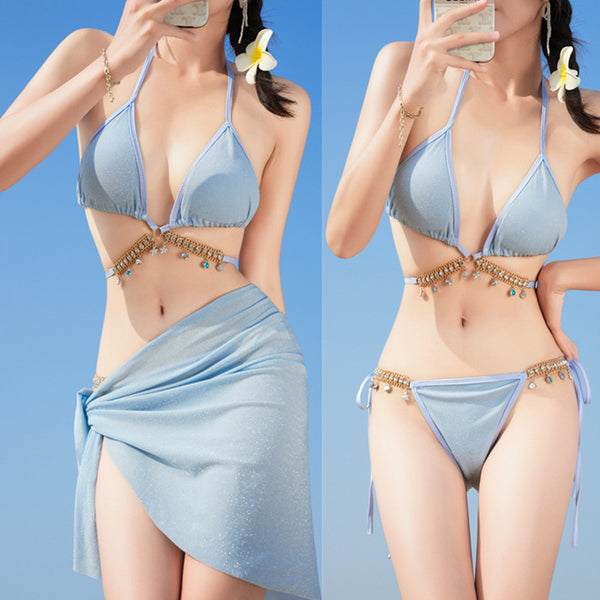 3 in 1 Sexy Trendy Mermaid Diamond Like Chain Foreign Style Neck Halter Strap Cover Up Bottom Side Tie Triangle Bikini