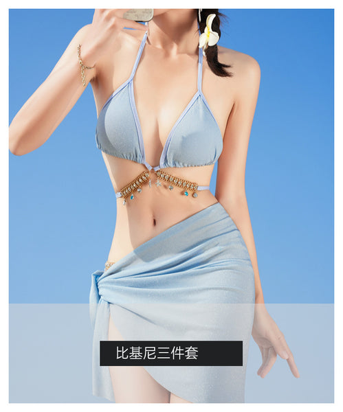 3 in 1 Sexy Trendy Mermaid Diamond Like Chain Foreign Style Neck Halter Strap Cover Up Bottom Side Tie Triangle Bikini