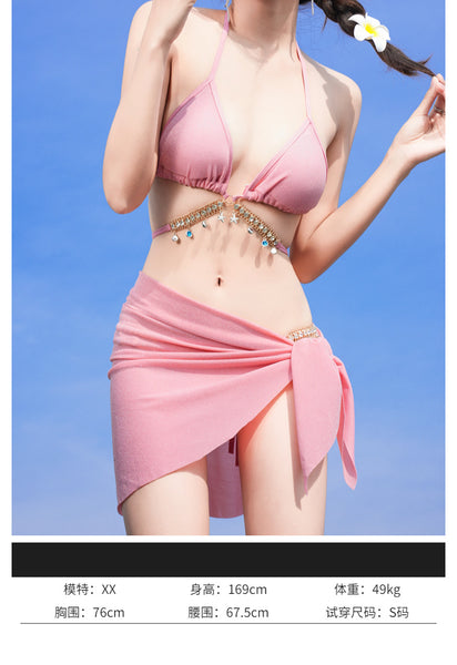 3 in 1 Sexy Trendy Mermaid Diamond Like Chain Foreign Style Neck Halter Strap Cover Up Bottom Side Tie Triangle Bikini