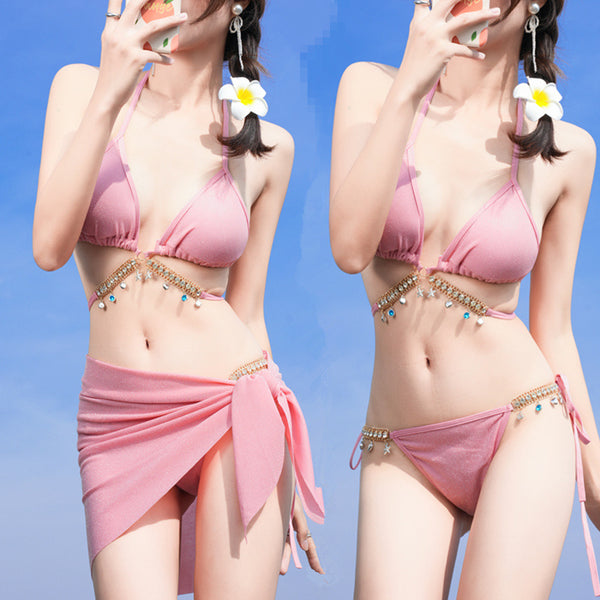 3 in 1 Sexy Trendy Mermaid Diamond Like Chain Foreign Style Neck Halter Strap Cover Up Bottom Side Tie Triangle Bikini