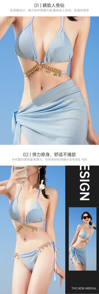 3 in 1 Sexy Trendy Mermaid Diamond Like Chain Foreign Style Neck Halter Strap Cover Up Bottom Side Tie Triangle Bikini