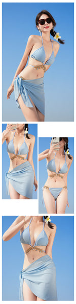 3 in 1 Sexy Trendy Mermaid Diamond Like Chain Foreign Style Neck Halter Strap Cover Up Bottom Side Tie Triangle Bikini