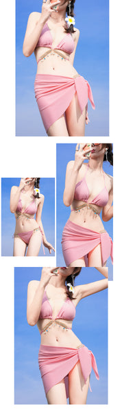 3 in 1 Sexy Trendy Mermaid Diamond Like Chain Foreign Style Neck Halter Strap Cover Up Bottom Side Tie Triangle Bikini