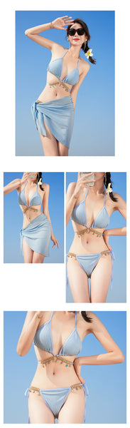 3 in 1 Sexy Trendy Mermaid Diamond Like Chain Foreign Style Neck Halter Strap Cover Up Bottom Side Tie Triangle Bikini