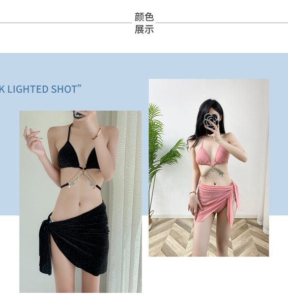 3 in 1 Sexy Trendy Mermaid Diamond Like Chain Foreign Style Neck Halter Strap Cover Up Bottom Side Tie Triangle Bikini