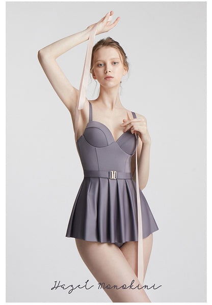 Japanese Style Temperament One Piece Women Vintage Ruffled Push Up Solid Color Beach Seaside Swimsuit Swimdress Bathing Suit