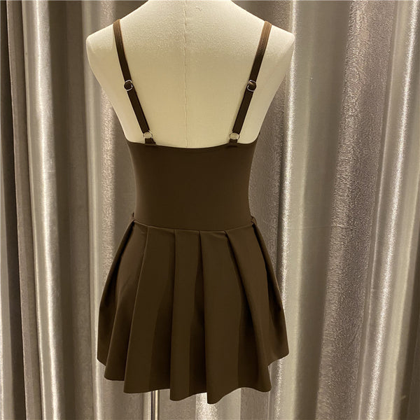 Japanese Style Temperament One Piece Women Vintage Ruffled Push Up Solid Color Beach Seaside Swimsuit Swimdress Bathing Suit