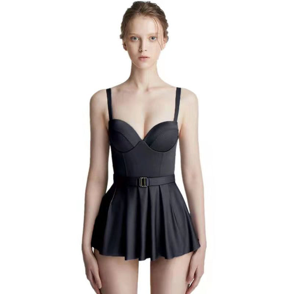 Japanese Style Temperament One Piece Women Vintage Ruffled Push Up Solid Color Beach Seaside Swimsuit Swimdress Bathing Suit