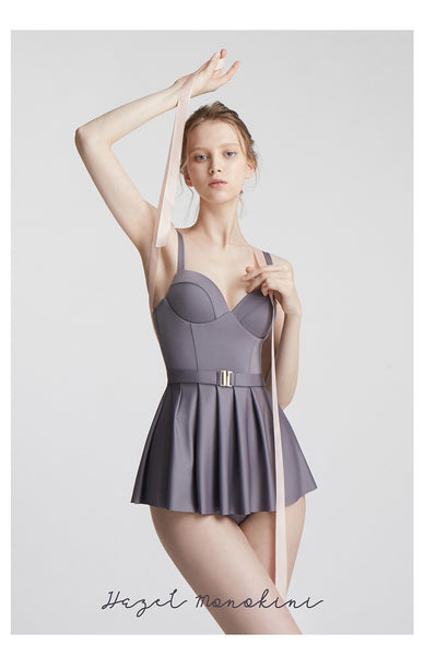 Japanese Style Temperament One Piece Women Vintage Ruffled Push Up Solid Color Beach Seaside Swimsuit Swimdress Bathing Suit