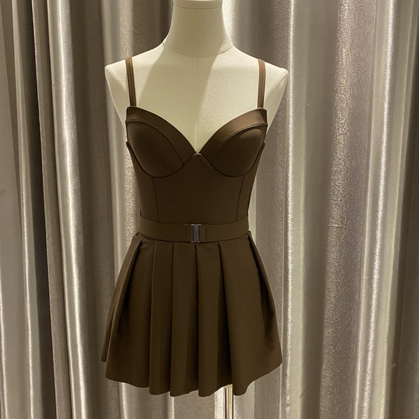 Japanese Style Temperament One Piece Women Vintage Ruffled Push Up Solid Color Beach Seaside Swimsuit Swimdress Bathing Suit