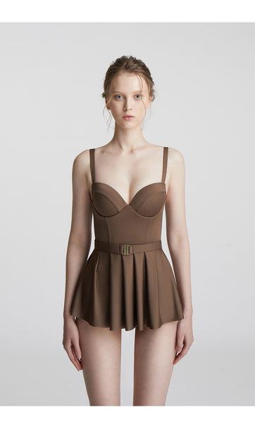 Japanese Style Temperament One Piece Women Vintage Ruffled Push Up Solid Color Beach Seaside Swimsuit Swimdress Bathing Suit