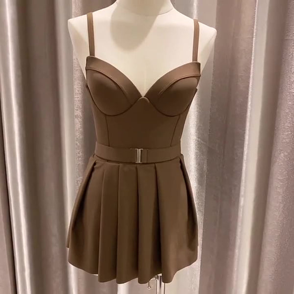 Japanese Style Temperament One Piece Women Vintage Ruffled Push Up Solid Color Beach Seaside Swimsuit Swimdress Bathing Suit