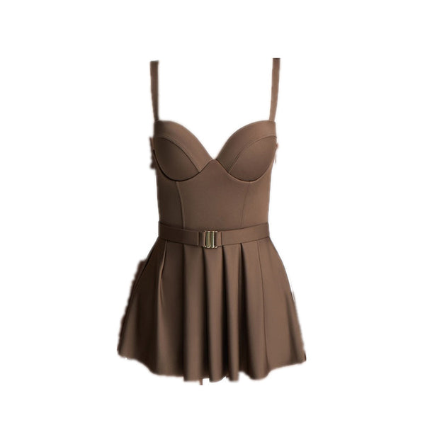 Japanese Style Temperament One Piece Women Vintage Ruffled Push Up Solid Color Beach Seaside Swimsuit Swimdress Bathing Suit