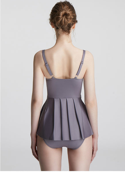 Japanese Style Temperament One Piece Women Vintage Ruffled Push Up Solid Color Beach Seaside Swimsuit Swimdress Bathing Suit