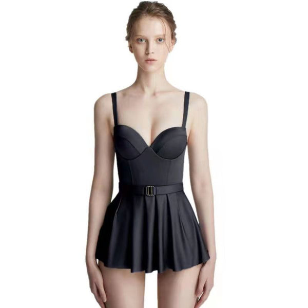 Japanese Style Temperament One Piece Women Vintage Ruffled Push Up Solid Color Beach Seaside Swimsuit Swimdress Bathing Suit