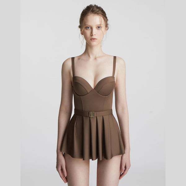 Japanese Style Temperament One Piece Women Vintage Ruffled Push Up Solid Color Beach Seaside Swimsuit Swimdress Bathing Suit