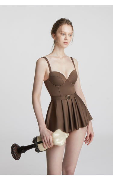 Japanese Style Temperament One Piece Women Vintage Ruffled Push Up Solid Color Beach Seaside Swimsuit Swimdress Bathing Suit