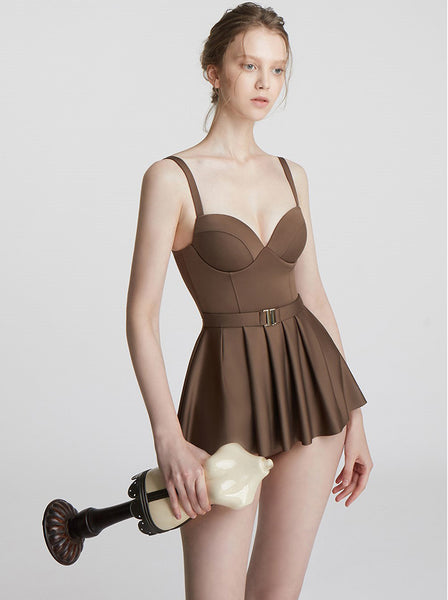 Japanese Style Temperament One Piece Women Vintage Ruffled Push Up Solid Color Beach Seaside Swimsuit Swimdress Bathing Suit