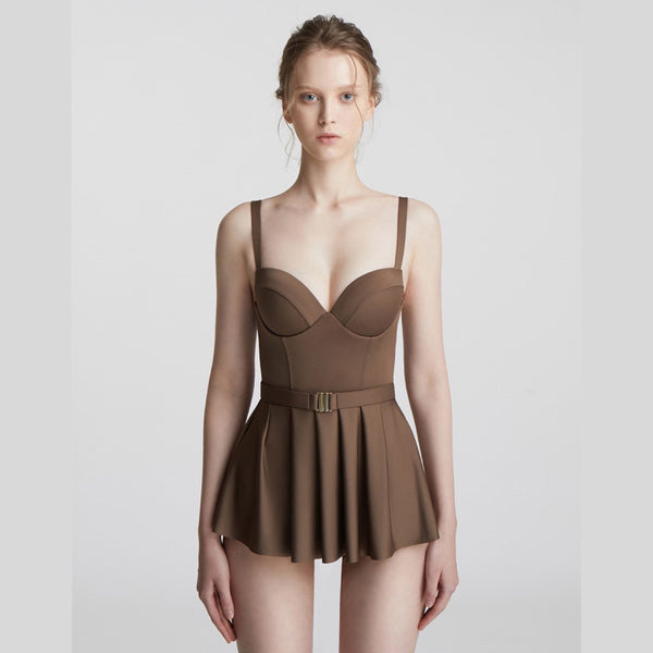 Japanese Style Temperament One Piece Women Vintage Ruffled Push Up Solid Color Beach Seaside Swimsuit Swimdress Bathing Suit