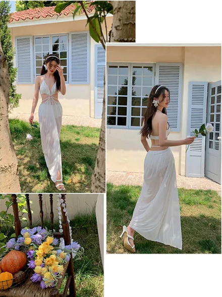 3 in 1 Piece Fairy Lusty White Gauze Pattern Neck Halter Deep V Backless Plain Cutout Tankini Top Bikini Bottom Swimsuit