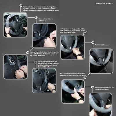 Black Leather Steering Wheel Cover Truck Car Auto 38cm DIY w/ Needles & Thread