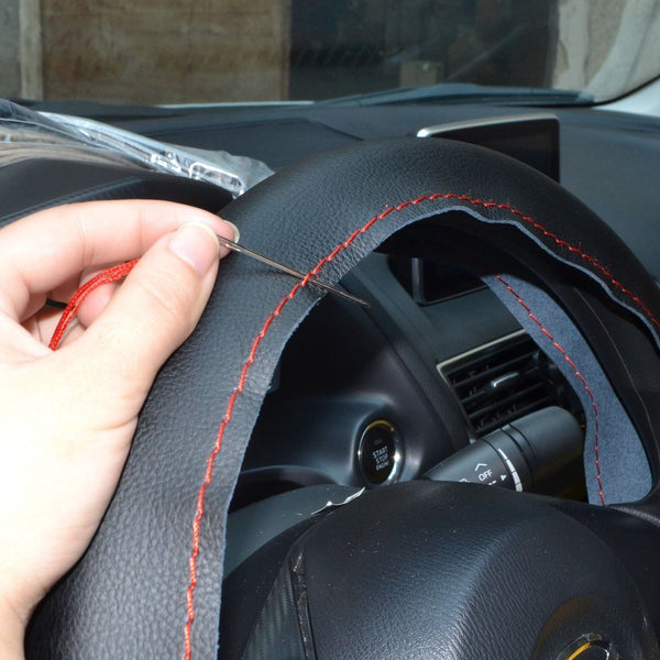 Black Leather Steering Wheel Cover Truck Car Auto 38cm DIY w/ Needles & Thread